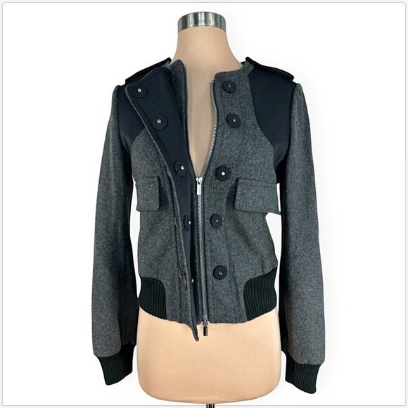 BCBGMaxazria Charcoal Gray and Black Wool Cashmere Blend Bomber Jacket Coat XXS - Picture 2 of 5